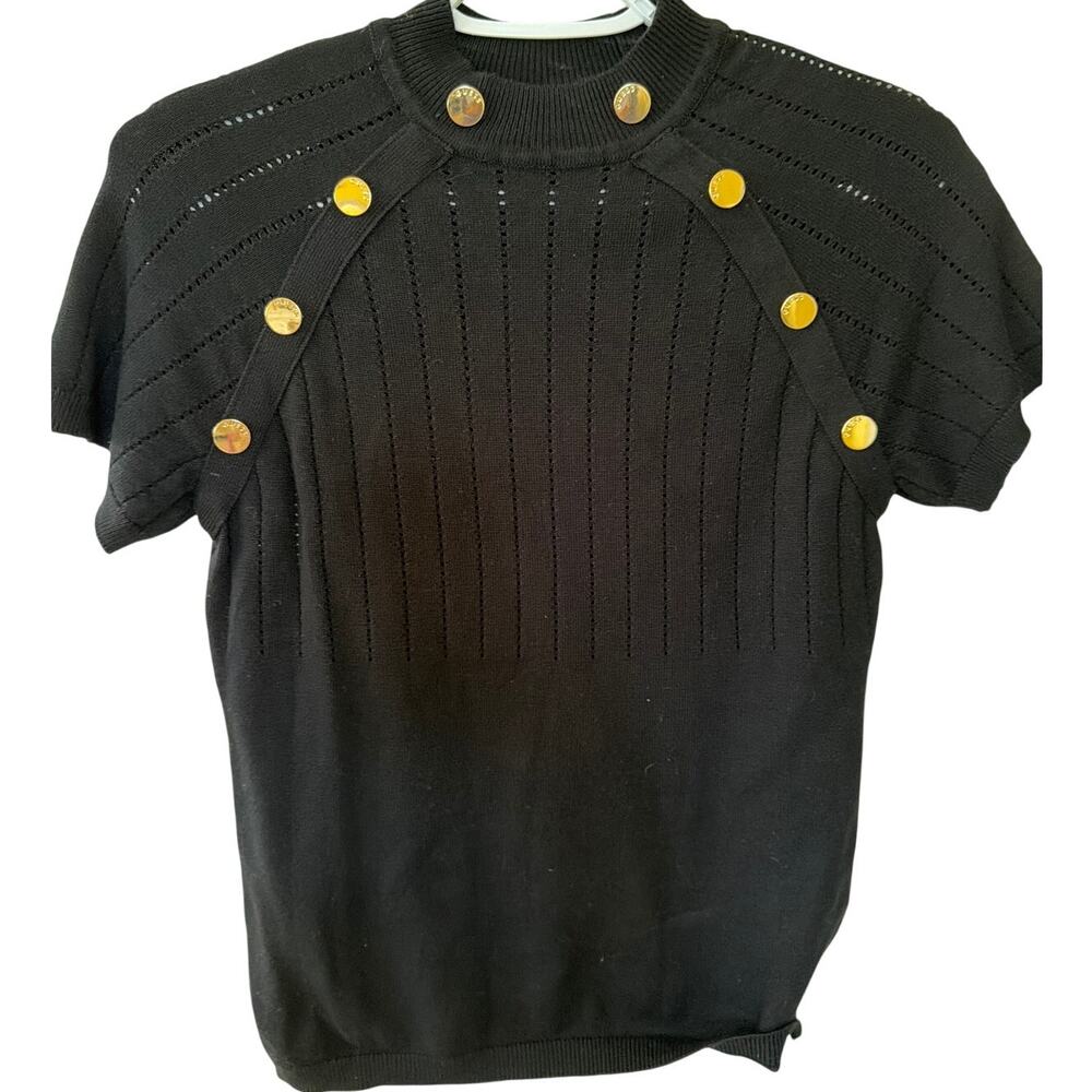 Guess Short Sleeve Sweater Women's Size Medium Gold Buttons Ribbed Twee Chic